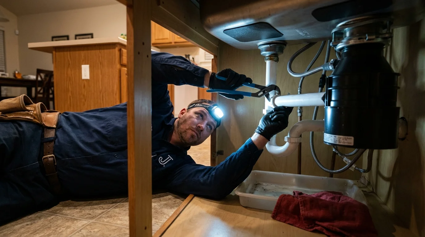 P-trap and supply line connections under a kitchen sink showing a common leak point in Rensselaer, NY
